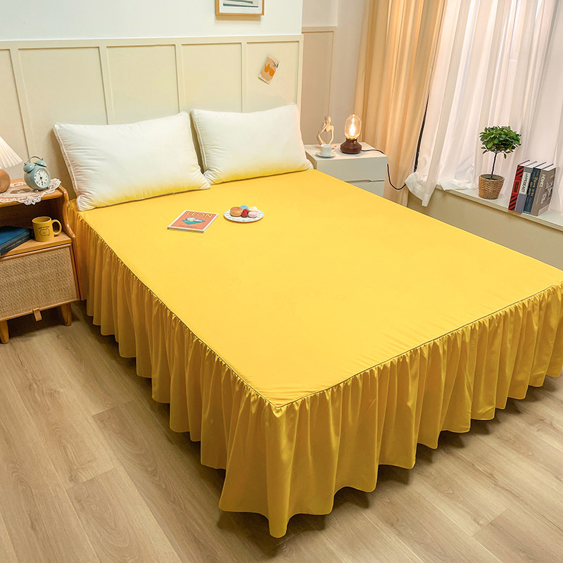 Custom Queen Elastic Washed Cotton Polyester Yellow Elastic Ruffled Bedding Bed Cover Fitted Sheet Sheets