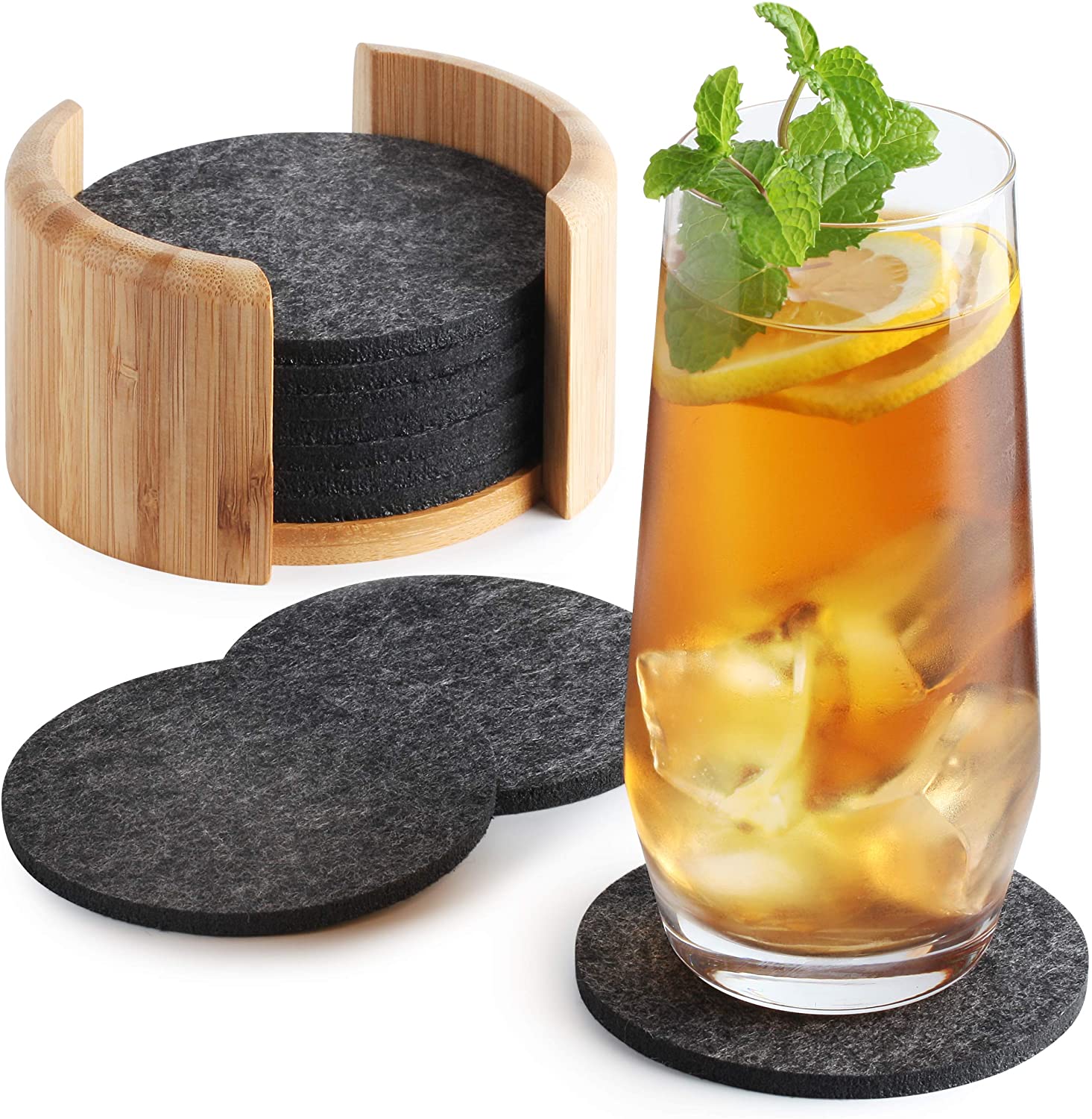 Dark grey round shape bamboo holder felt drink mug coaster set