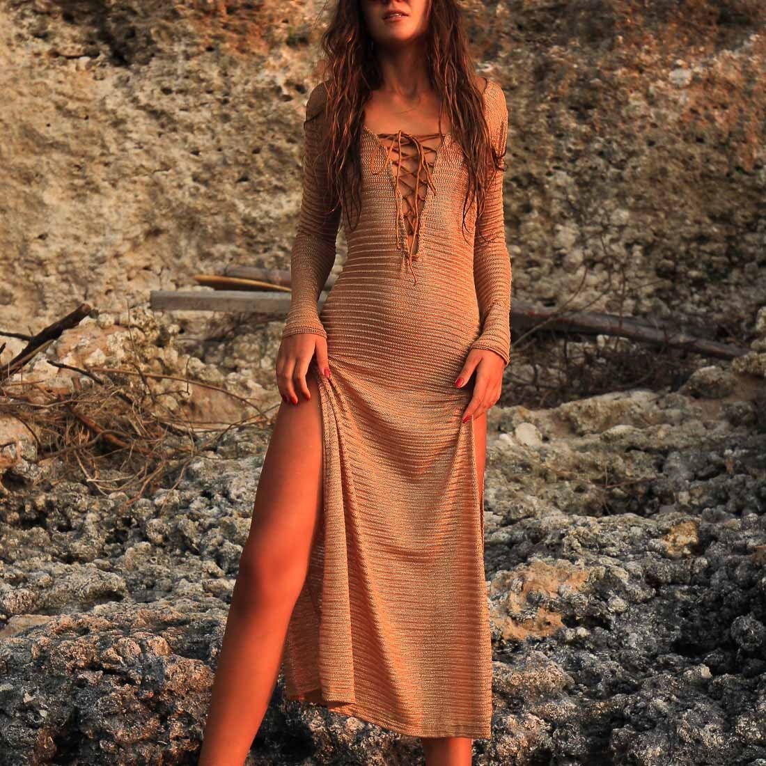 Long Beach Cover Ups See Through Beachwear Women Cover Up Side Cut Sexy Beach Cover Up