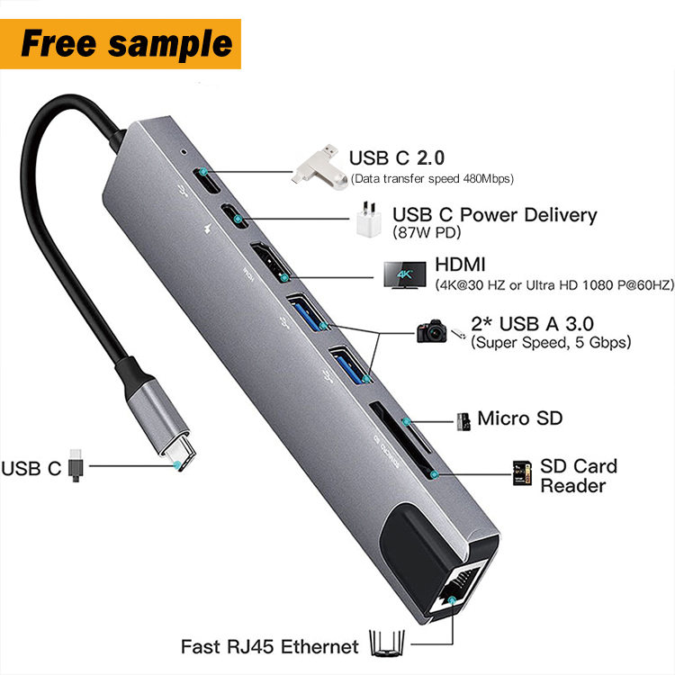 best selling multifunction type-c charge with ethernet to rj45 hdmi 8 port type c to usb c 8 in 1 3.0 hub adapter laptop docking
