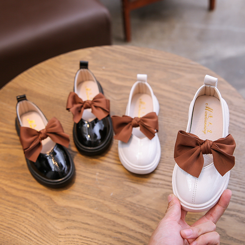 Korean Version New Design Fashion Kids Girls Flat Bow Back Children's Quality Leather Shoes