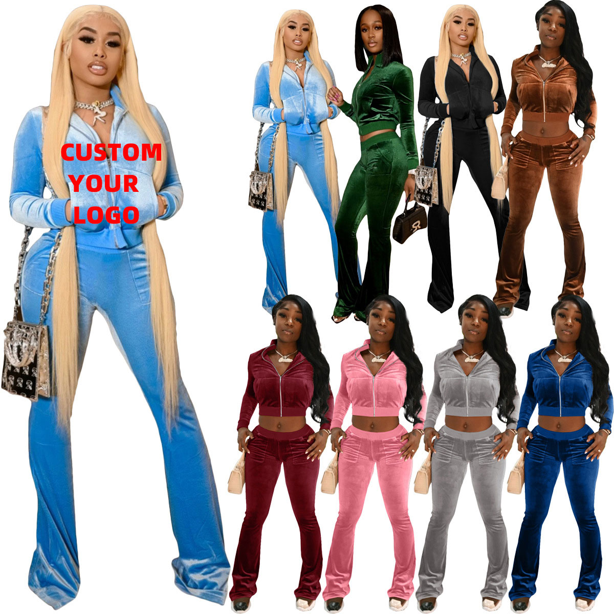 custom lounge wear Solid Velvet Tracksuit Activewear Zipper fly Long Sleeve Crop pants elastic fitness bodycon 2 piece set women