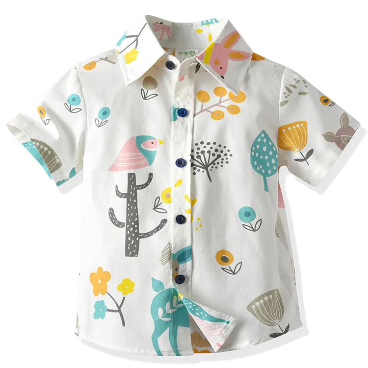 Hot selling summer 100% cotton kids clothing cartoon printed short sleeve boy shirts