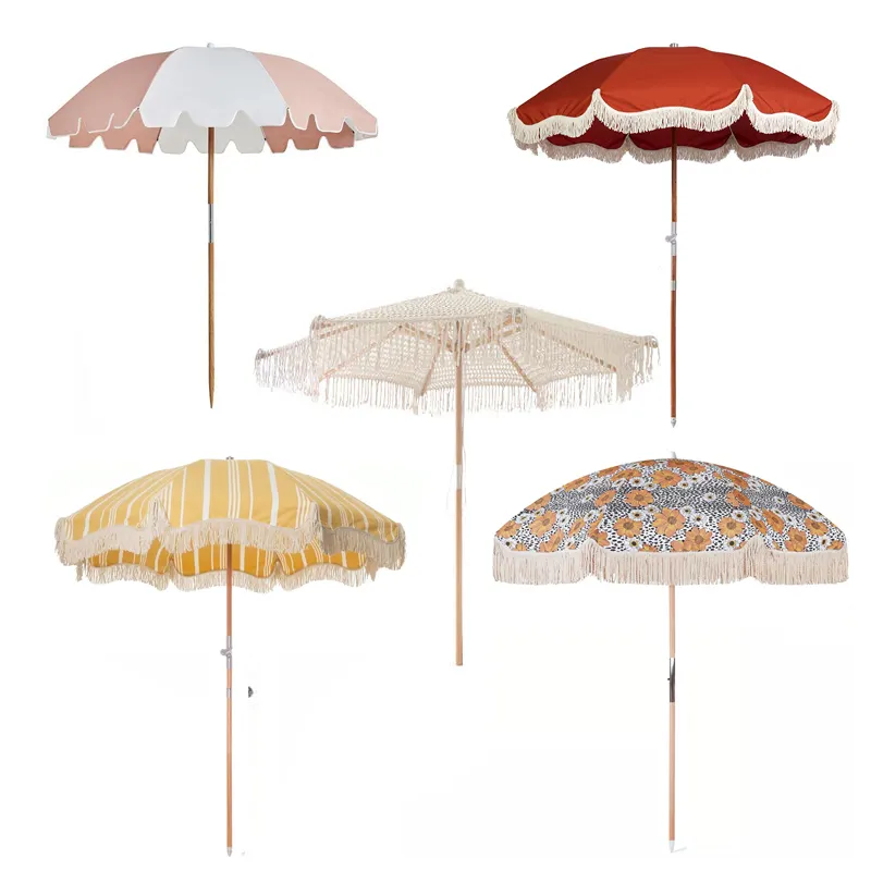Wholesale Custom 2m Vintage Wooden Pole Patio Sun Parasols Garden Outdoor Beach umbrella with Cotton Tassels, uv50+ canvas, Bag
