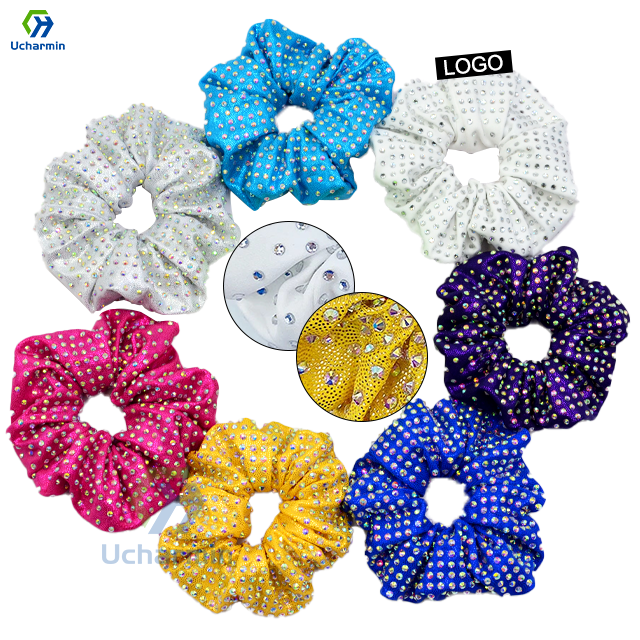 CHENGHE custom cheer team bling rhinestone scrunchies for girl high quality glitter sparkle crystal hair band accessories