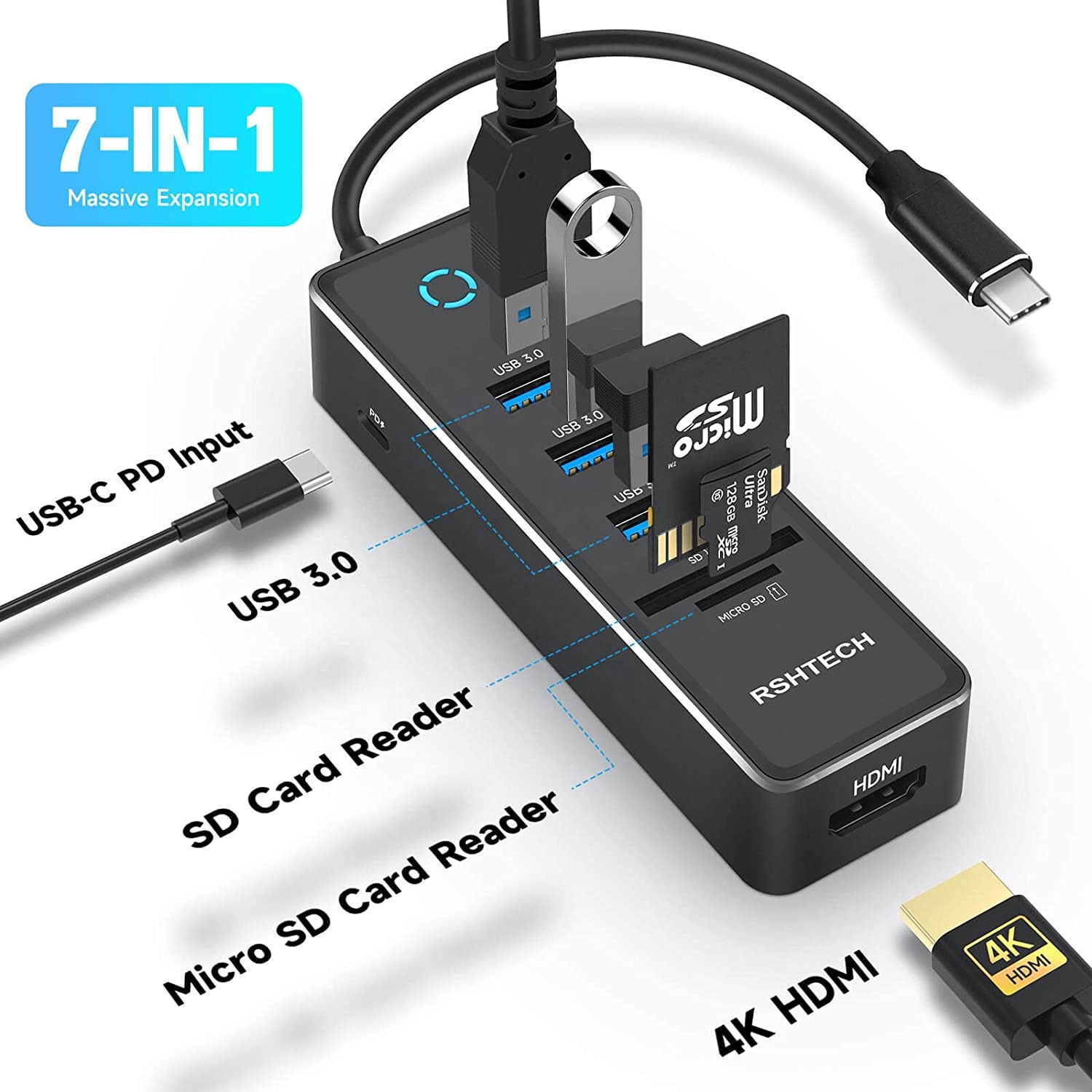 Алюминиевый концентратор USB C/Thunderbolt 3 с 4K HDM USB3.0, порт для передачи данных 100 Вт, устройство для чтения SD/TF карт