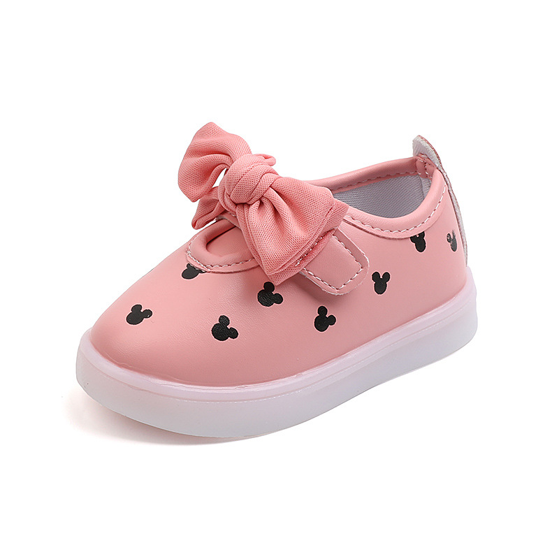 Spring new girls LED lights Mickey Mouse print bow princess shoes casual shoes