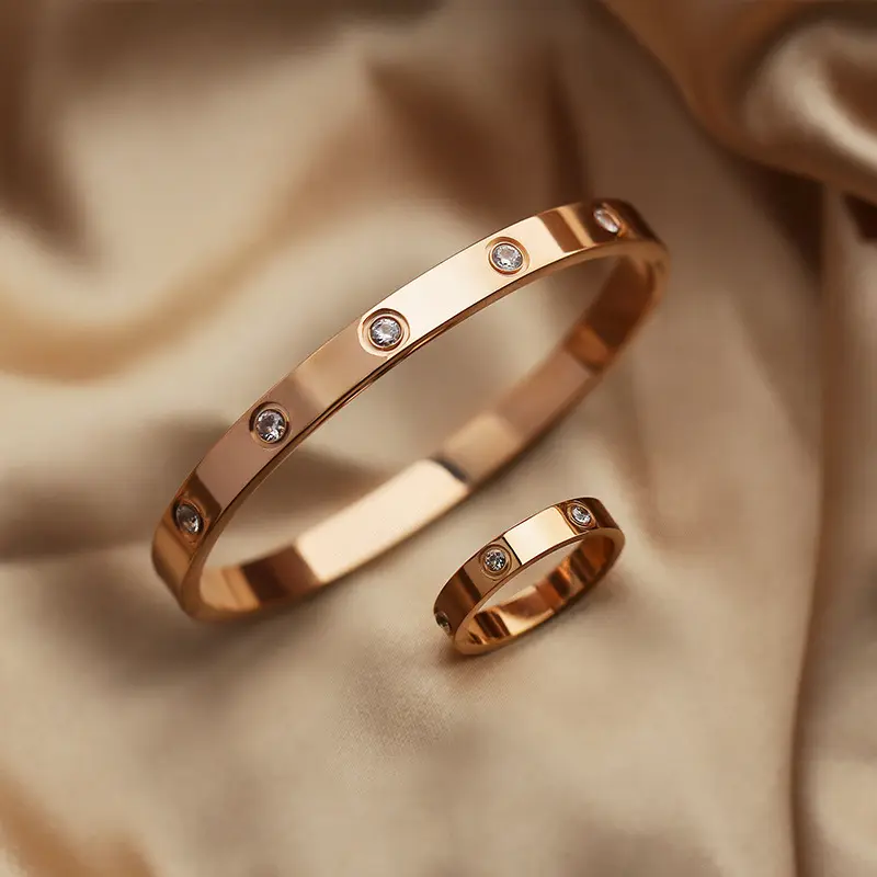 Кристалл кубического циркония 18K позолоченный из нержавеющей стали любовный винт известный бренд браслеты и кольца браслеты комплект ювелирных изделий