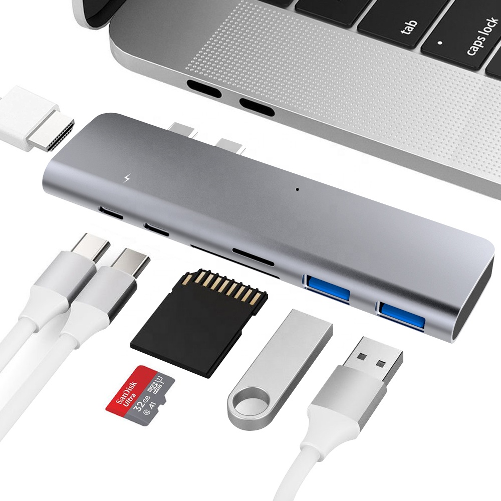 Raycue 7 в 1 Тип C до 4 к HD-MI высокая скорость Thunderbolt 3 TF SD Card Reader USB C концентратор для Macebook Pro