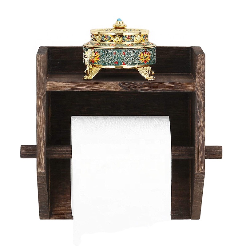 Wall Mounted Farmhouse 2 Tier Rustic Wood Toilet Paper Holder With Hang Bar