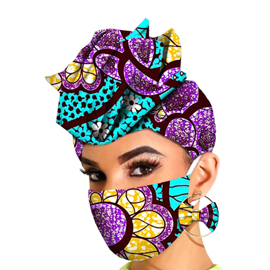 New Style 3 pcs set African turbans headwraps for woman African fabric hair bonnet african print mask with earrings