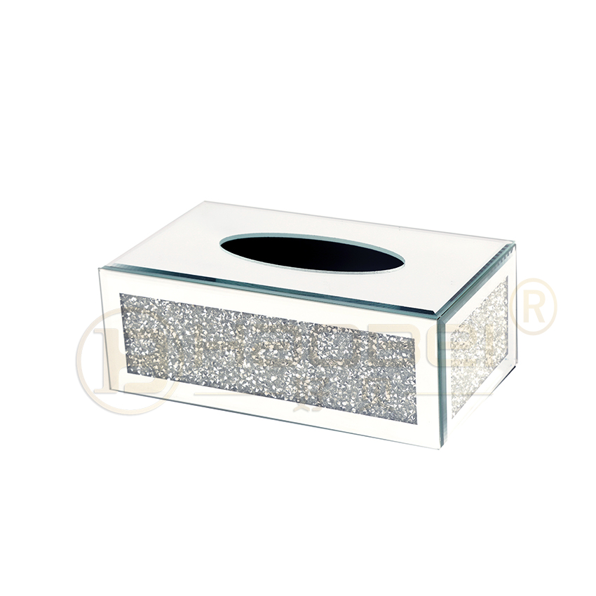 Factory newest rectangle glass tissue box diamond mirrored modern tissue box on desk