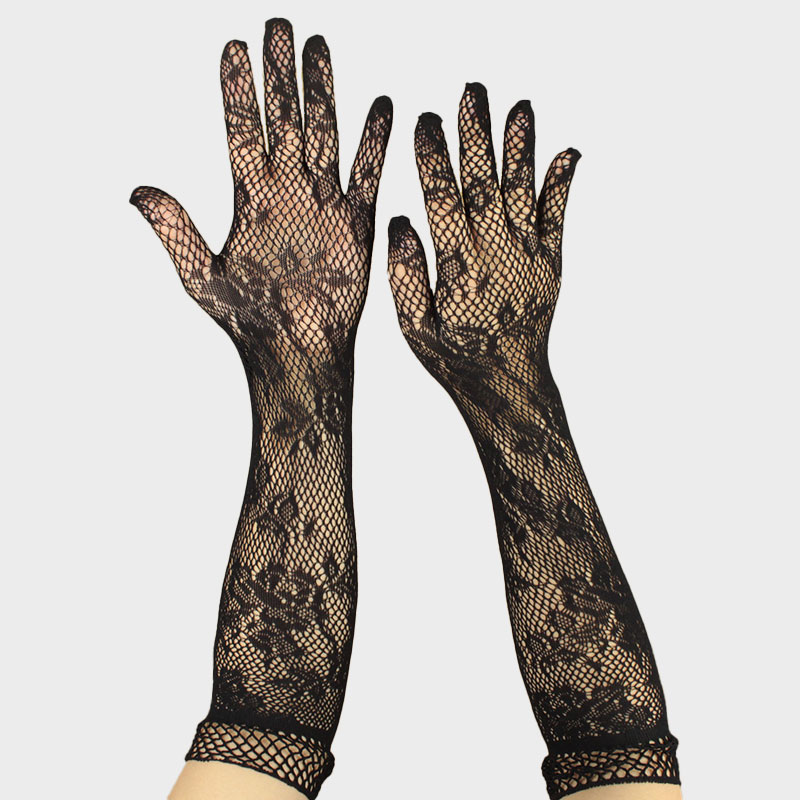 Sexy Woman FishNet Gloves Transparent Lace Black Gloves Elastic Bride Long-sleeve Mesh Liturgy jacquard for Women