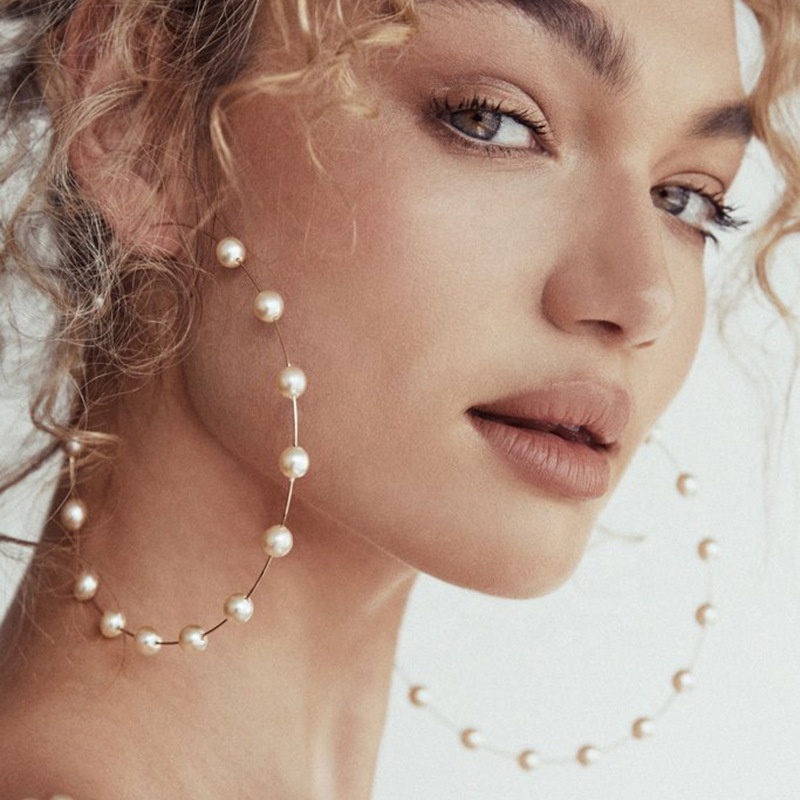 New Boho White Imitation Pearl Round Circle Hoop Earring Women Gold Color Big Earrings Korean Jewelry Brincos Statement Earrings