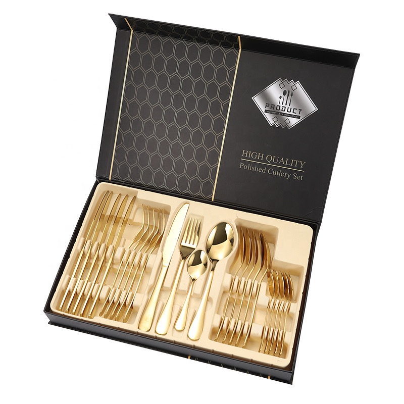 24pcs Flatware Set Cheap Custom Food Grade Knife Fork Spoon Set Eco Friendly With Luxury Box