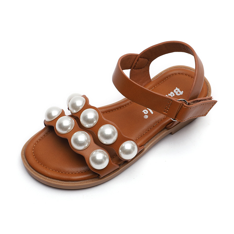 Summer high quality leather designer fashion girls dress shoes children cork children pearl sandals
