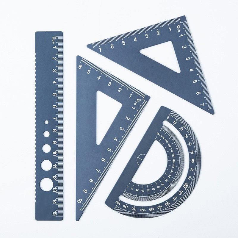 Measuring Ruler Set 4 Pieces Triangular Scale Ruler Set, Metal Protractor, Aluminum Ruler for Students in PP Box Geometry Set