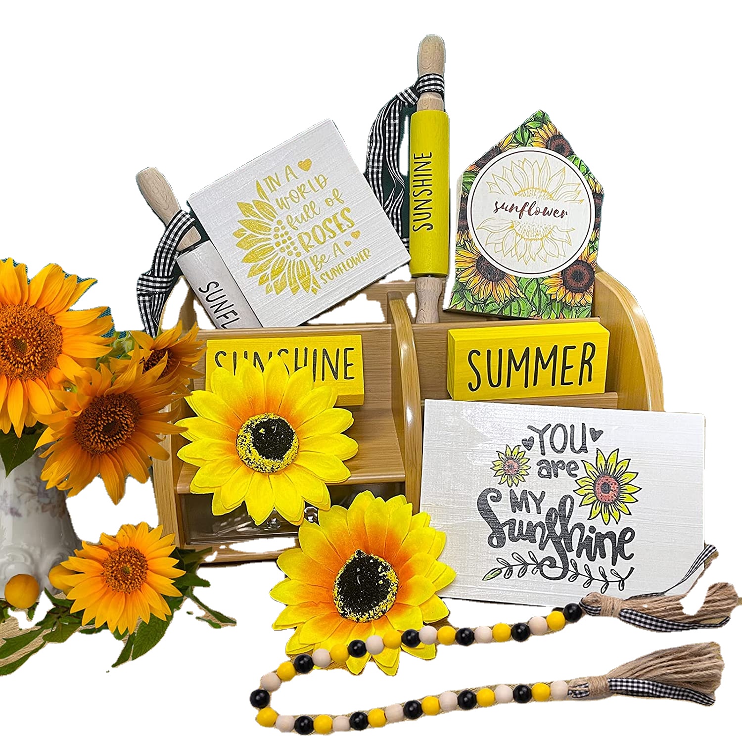 Sunflower Tiered Tray Decor Sunflower Mini Rolling Pins Beaded Garland