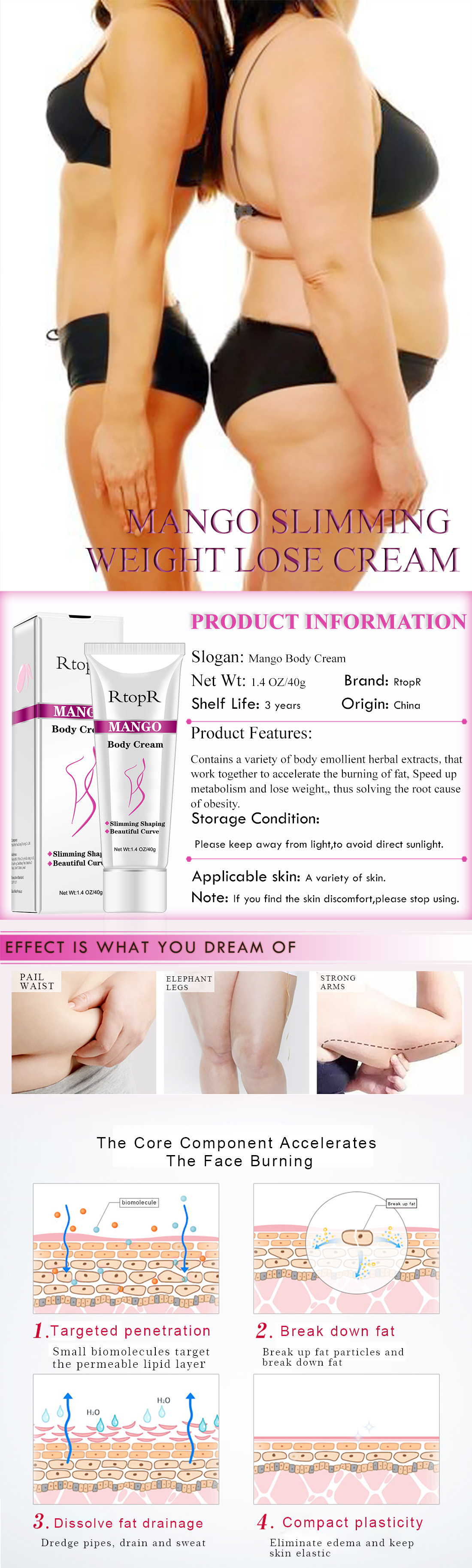 Wholesale Skin-Tightening Shaping Anti Cellulite Mango Private Label Fat Burning Slimming Cream