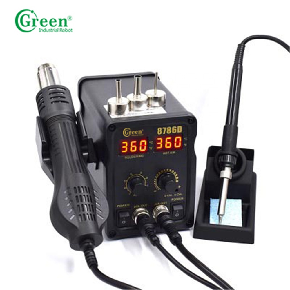 Зеленая 8786D 750 Вт синяя цифровая паяльная станция 2 в 1 SMD для переделки, Термофен с паяльником для сварки