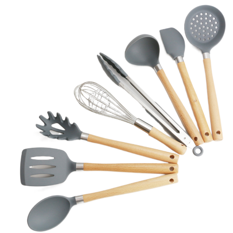 Factory wholesale silicone kitchenware with wooden handle8Set with transparent storage bucket kitchen tools suit cooking tools