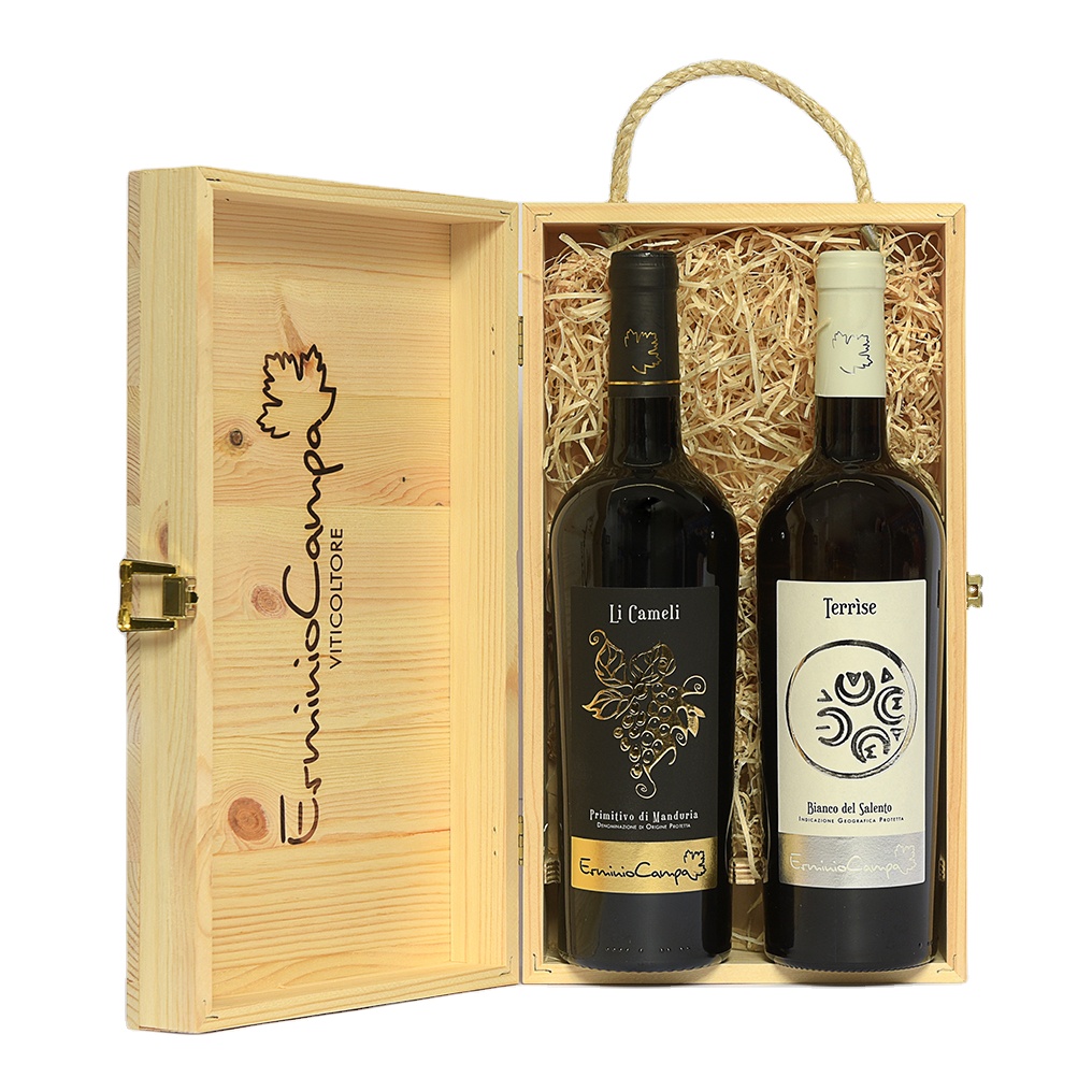 Высококачественное красное Primitivo и белое вино Bianco Salento IGP в деревянной коробке для подарков «Li Cameli» и «Terrise»