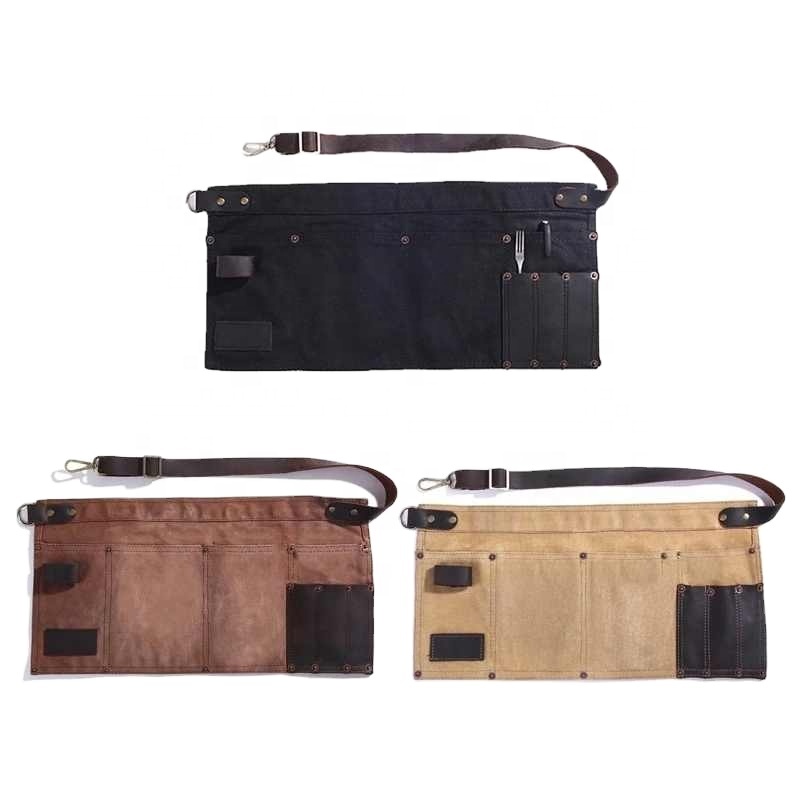 Multi-pocket Apron For Women Real Leather Canvas Half Pocket Apron Waitress Teacher Supplier Cosmetic Apron Home Doco(Coffee)