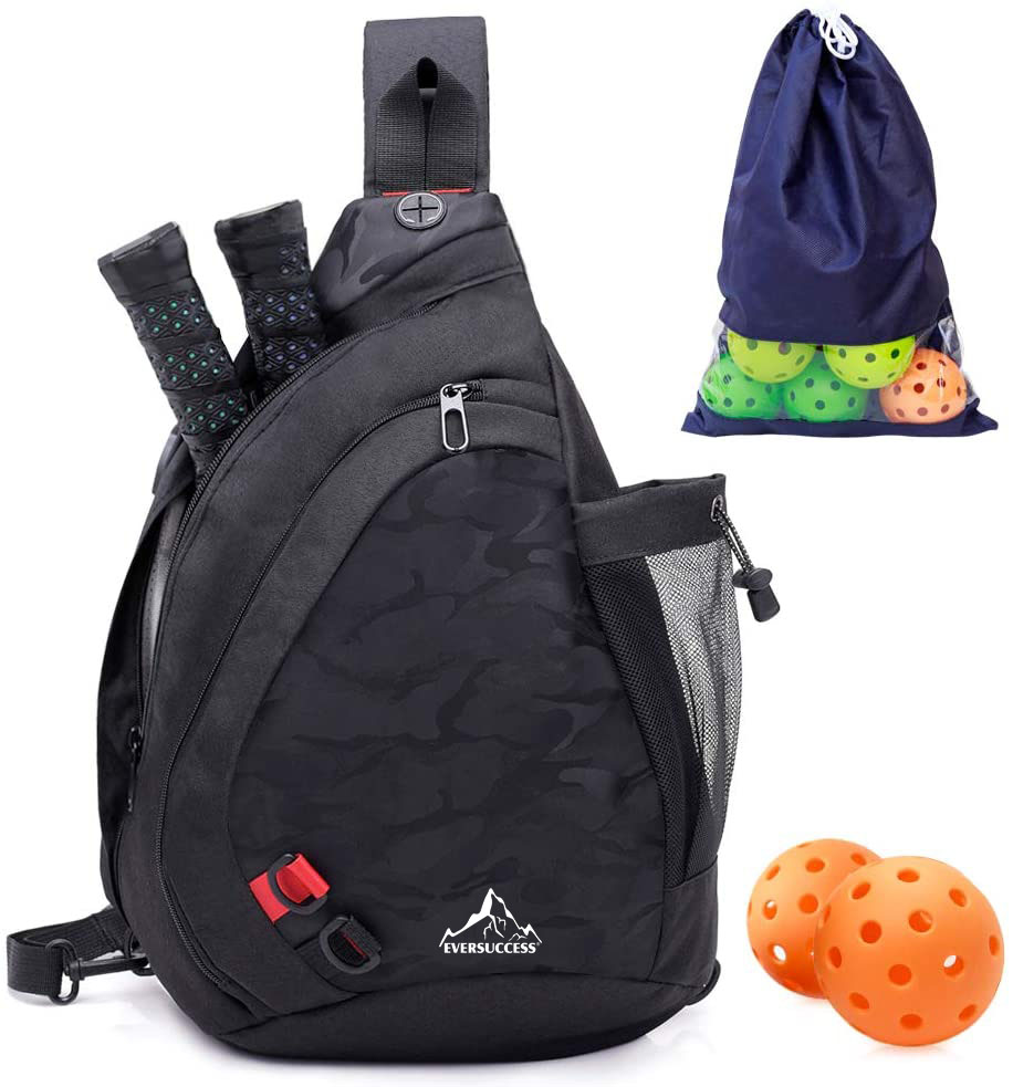 Gym Sport Pickleball Sling Bags for Women Man with Water Bottle Holder Fits 2 Paddles Tennis Racket Bag