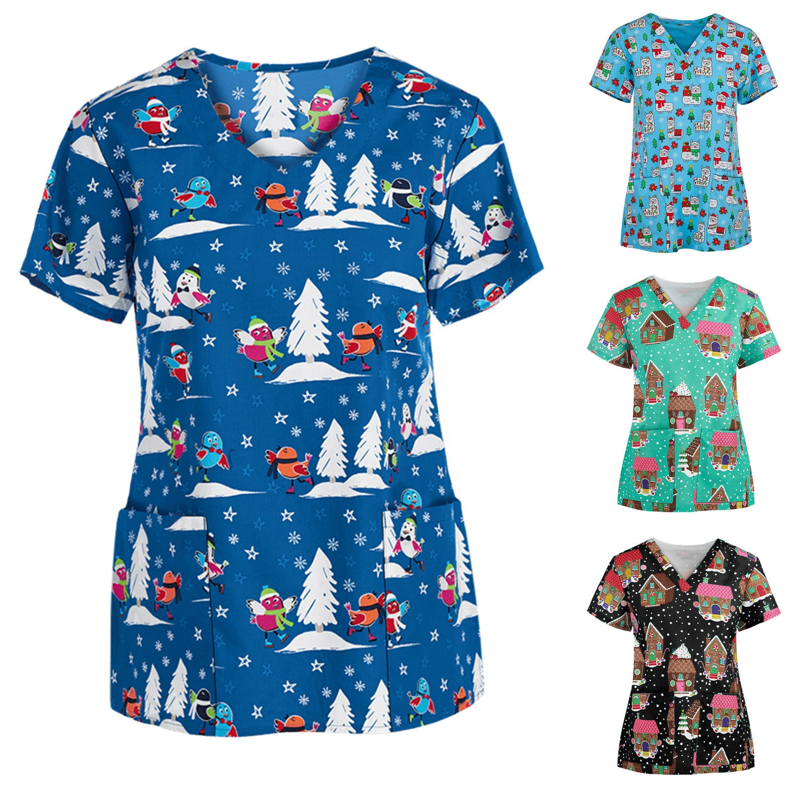 V Neck Christmas Holiday Digital Printing Printed Short Sleeve Top Scrubs