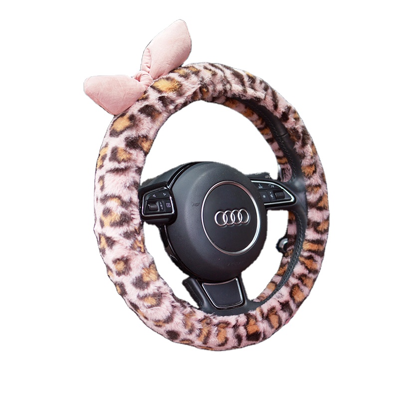Car Steering Wheel Cover Pink Leopard Rabbit Hair Cute To Set a Set