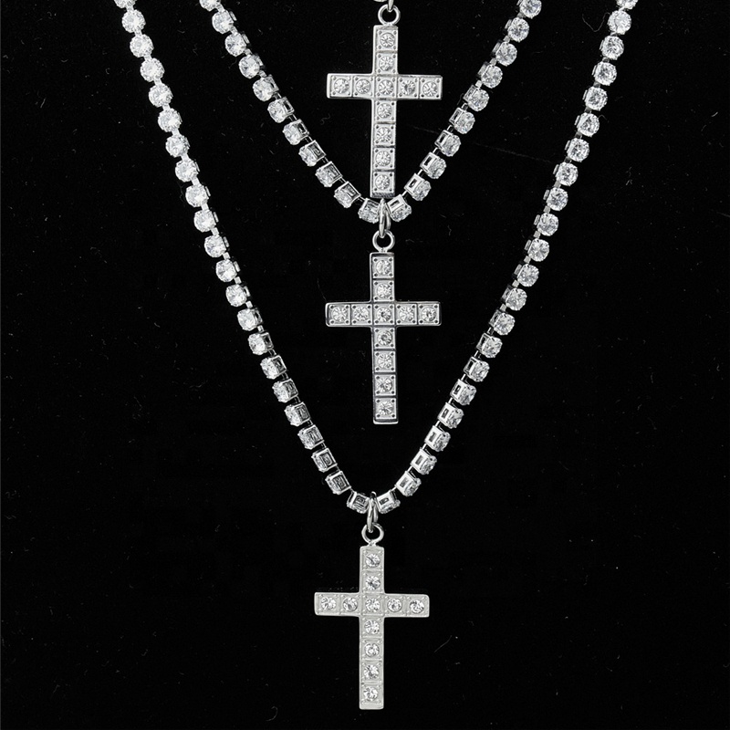 Women Trendy Simple Design stainless steel Silver Moissanite Pendant Men Cross Necklace