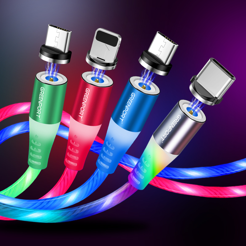 Оптовая продажа, в наличии, светящийся Micro usb c 3 в 1, Магнитный зарядный кабель, Универсальный светодиодный кабель для мобильного телефона, светящийся usb-кабель