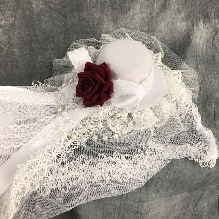 Elegant Girls Gothic Lolita Top Hat Black White Lace Flower Rose veil With Pearl Chain And Ribbon Photo Prop