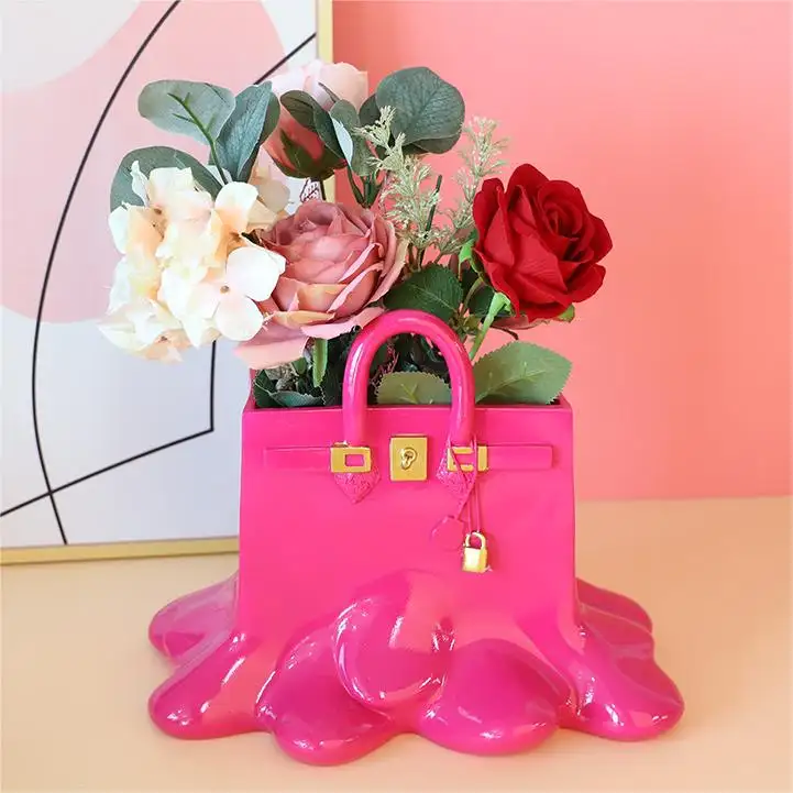 Factory Custom Flower Vase Resin Craft Bag Statue Handbag Ice Cream Sculpture Vase HandBag