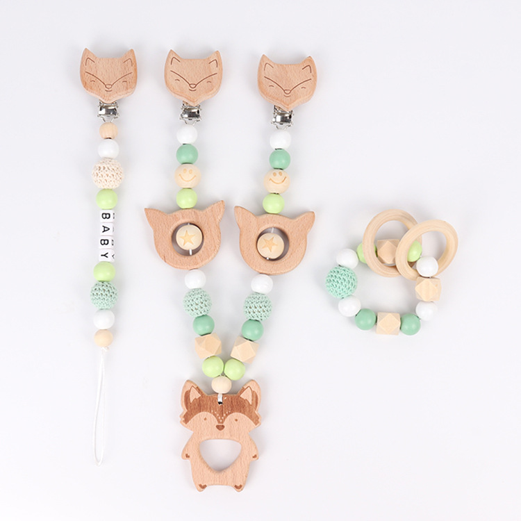 beech wood fox head portrait pacifier chain rattle teether toy with Silicone crochet Beads clip 4 sets