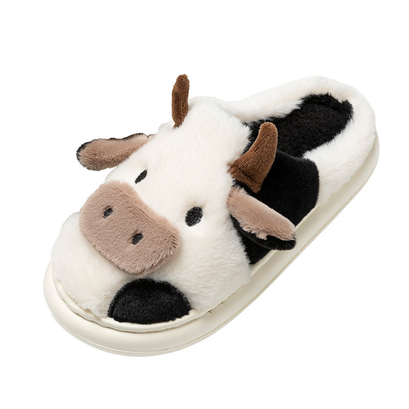 In Stock Cotton Cow Print Fluffy Slippers Female Home Winter Indoor Warm Home Shoes Plush Cow Slippers Couple Cow Slippers