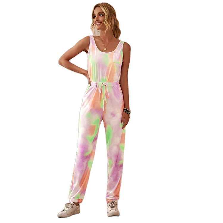 2021 Summer New Sleeveless Tie Dye Long One-Piece Home Wear Loose Pajama Onesie Womans Nightwear Sleepwear Vendors