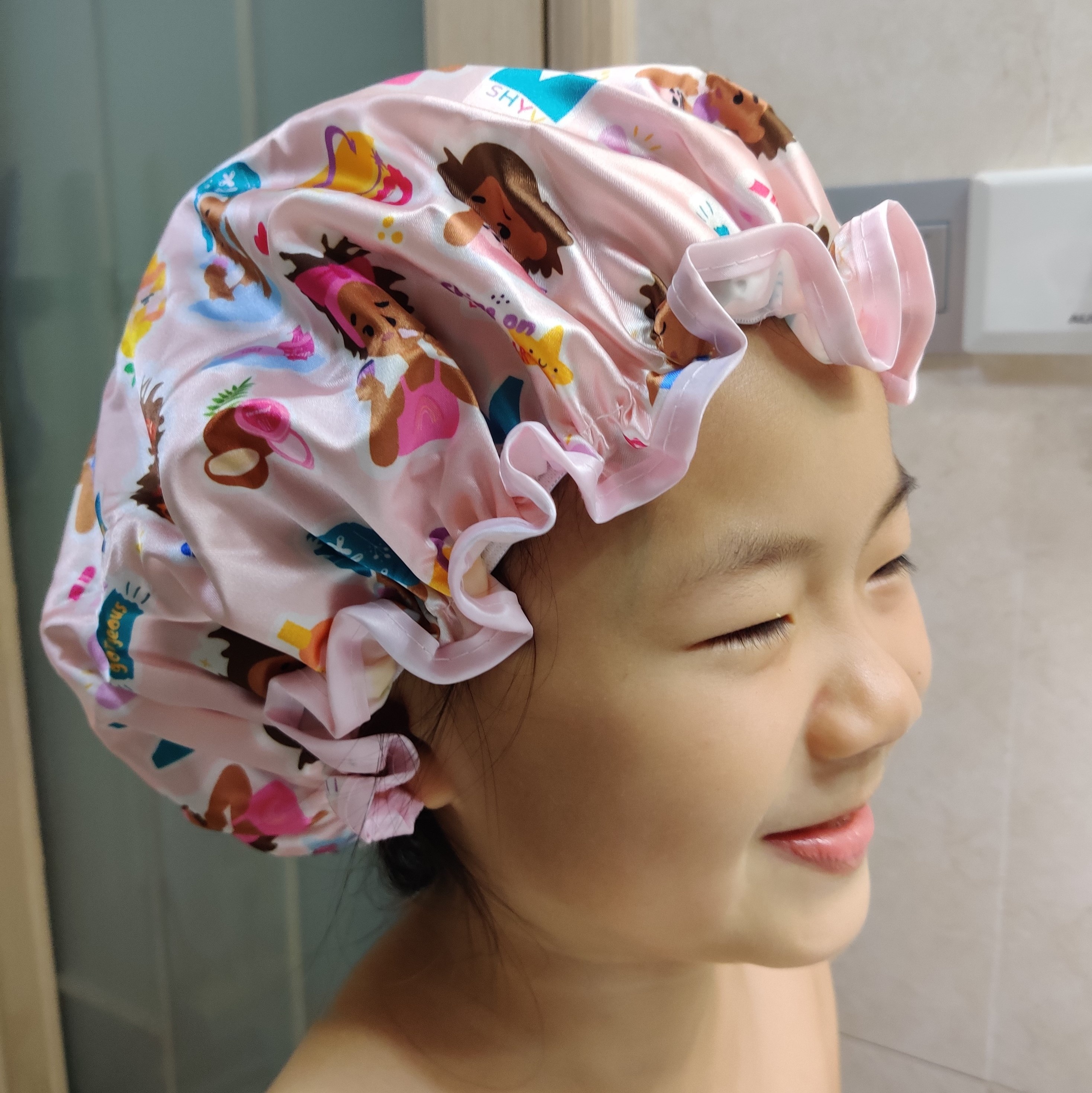 wholesales designer Kids Hair Pink Shower Cap Bonnet waterproof Printed Cartoon Satin Peva Bathing Shower Cap