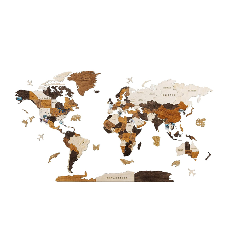 Wall Decor, Multicolor World Travel Map with Pins, Wood World Map Wall Art Decor for Home 3D Wooden World Map