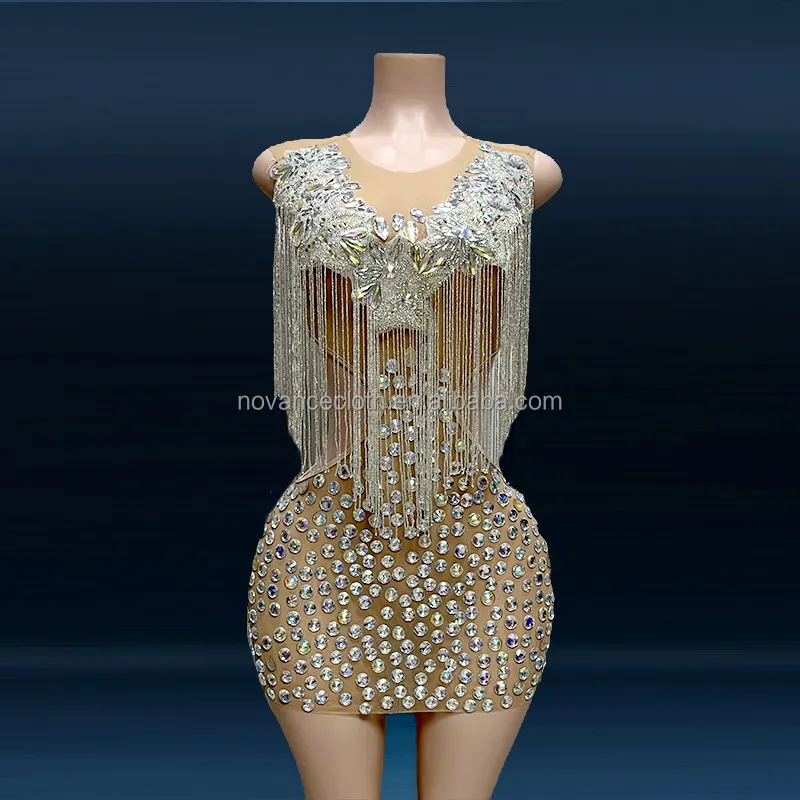 Novance Y2504 High Fashion Blingbling Diamond Tassel Special Needs Clothing Nightclub Style Hollow Out Dress Vestido Pasarela