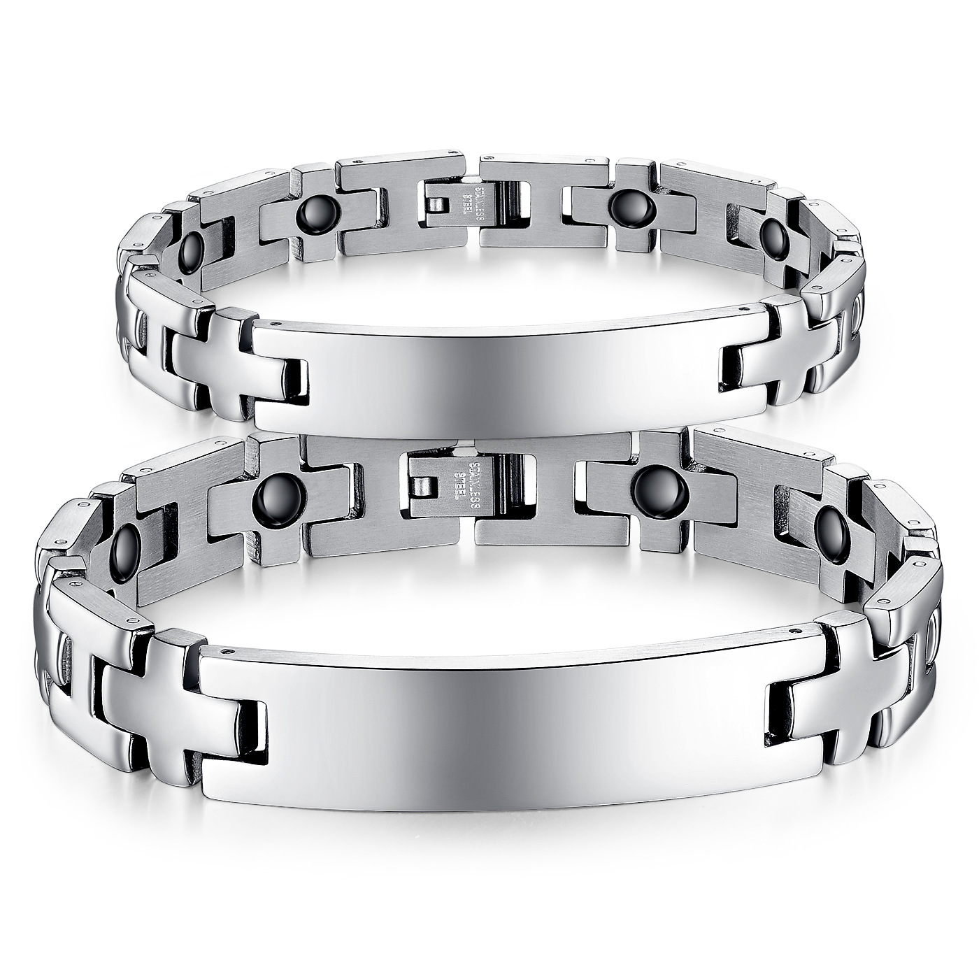Hip-Hop Fashion Magnet Health Couple Jewelry Thick Chain Buckle Electroplated Silver Stainless Steel Bracelet