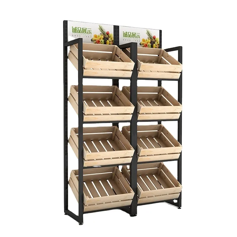 Wooden Agricultural Products Display Rack Supermarket Retail Fruit And Vegetable Iron&Wooden Shelf