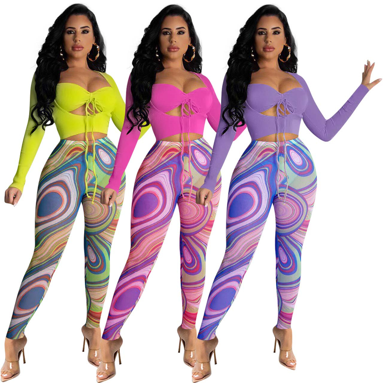 FS5074D Fall women long sleeve shirts and mesh Pants sets casual Fashion prints Outfits
