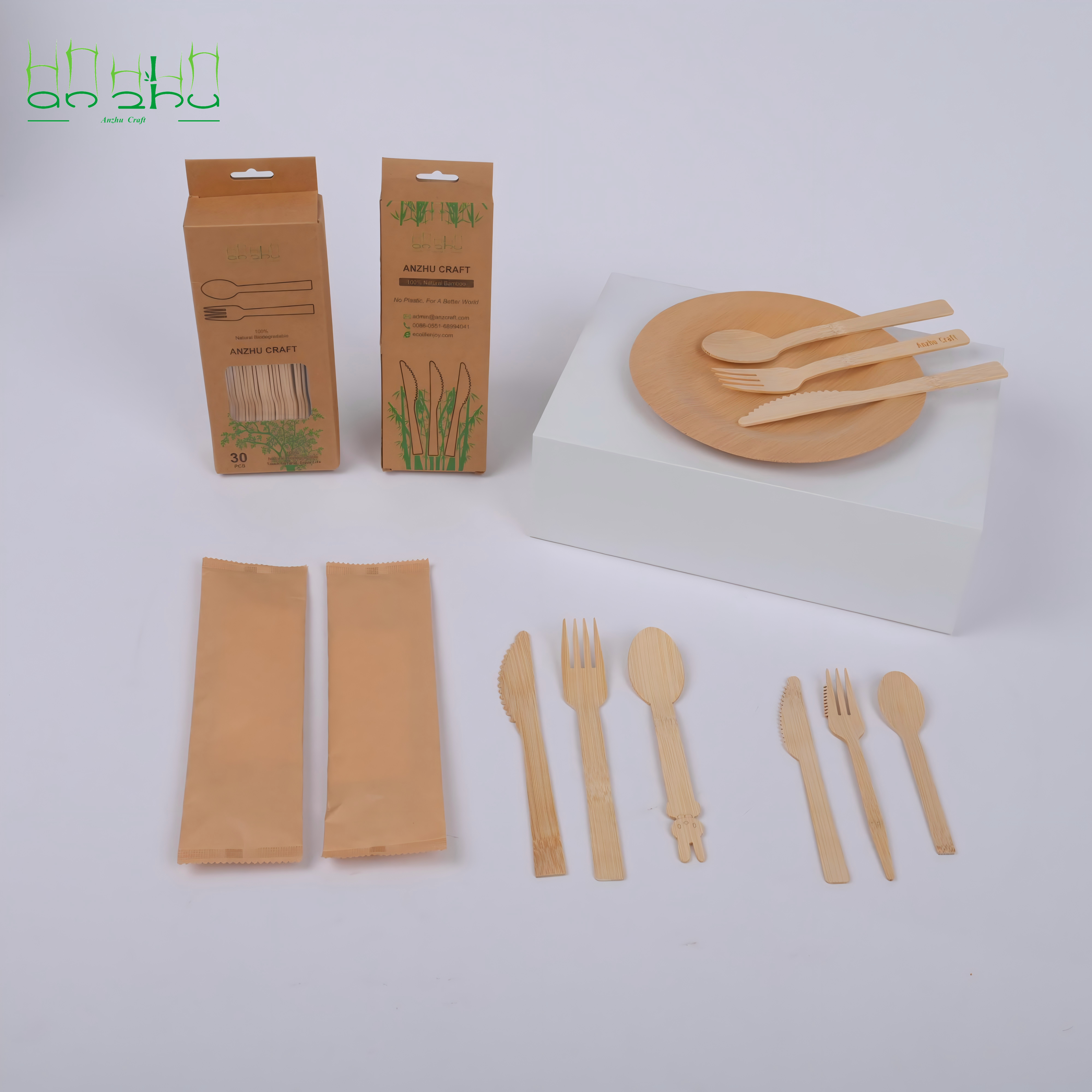 Natural Bamboo Spoon Fork Knife Set Customized Wholesale Biodegradable Cutlery Set Carton Packaging