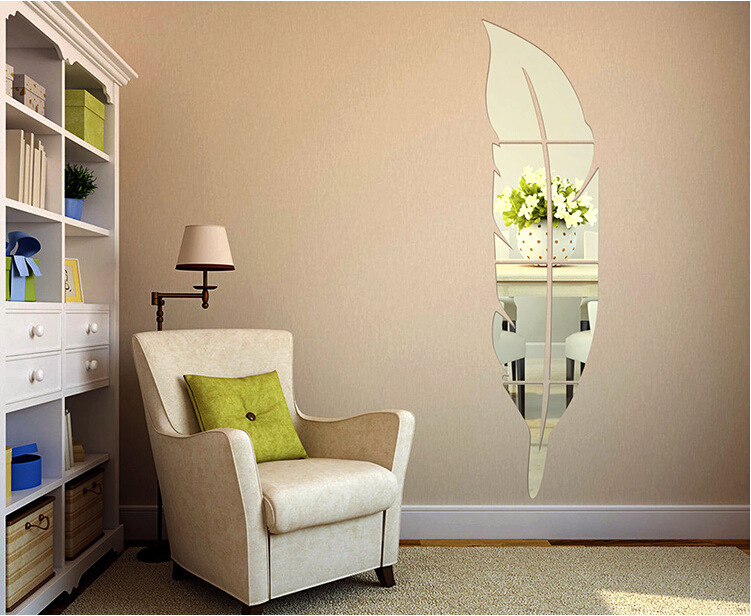 Hot Sale Hallway Decorative Feather Shape Mirror Sticker 3d Stereo Acrylic Wall Mirror Sticker