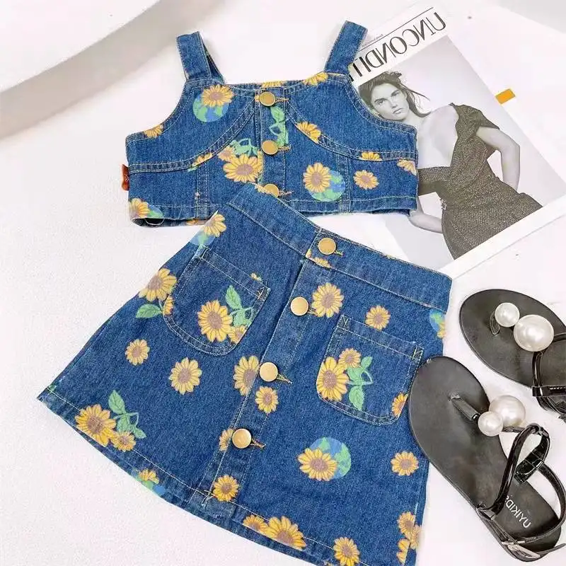 2022 New sweet baby girls clothing summer fashion girls suit denim high waist sling top and skirt two-piece suit