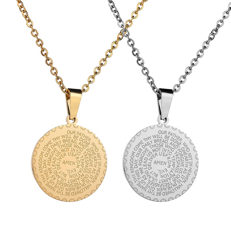 Men's Round Cross Scripture Pendant Stainless Steel Letter Necklace Gold Plated Christian Bible Verse Medal Charms Jewelry