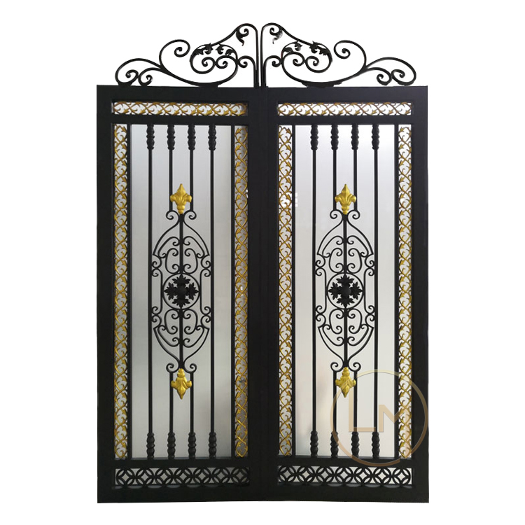 Luxury Style No Rust Black Patio Door Security Iron Gate With Frost Glass For Villa