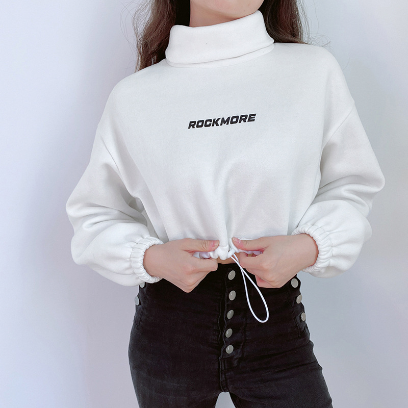 Ladies High Neck Short Hoodies Loose Navel Drawstring Casual Sweater Custom Embroidered Hoodies Women Crop Top Hoodie