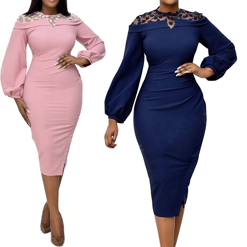 Plus Size Solid Color Blue&amp;Pink Crew-Neck Patchwork Casual Bodycon Long Sleeve One Piece Mesh Women Knee-Length Dresses 2020